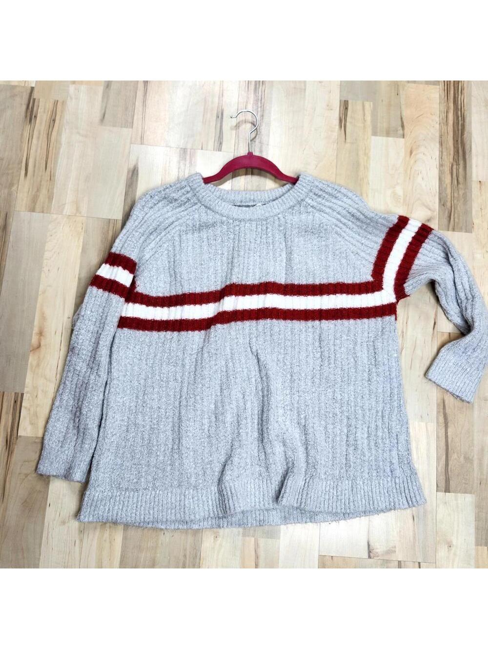 Garage Women's Oversized Grey Ribbed Sweater Red White Stripes Casual Pullover L